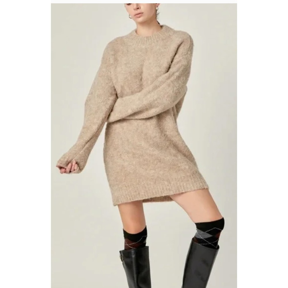 NWT English Factory Cozy Roundneck Sweater Dress Women XS Taupe Knit Mini
